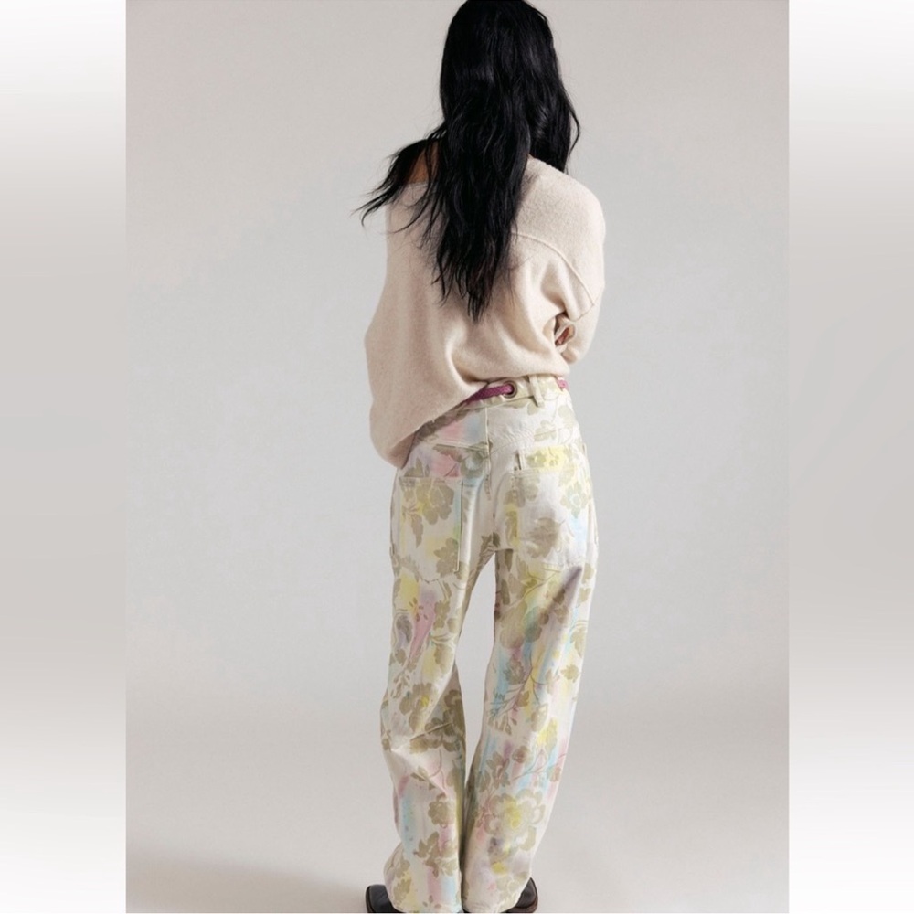 Free People We The Free Moxie Floral Printed Flocked Barrel Jeans 29 - Picture 2 of 9